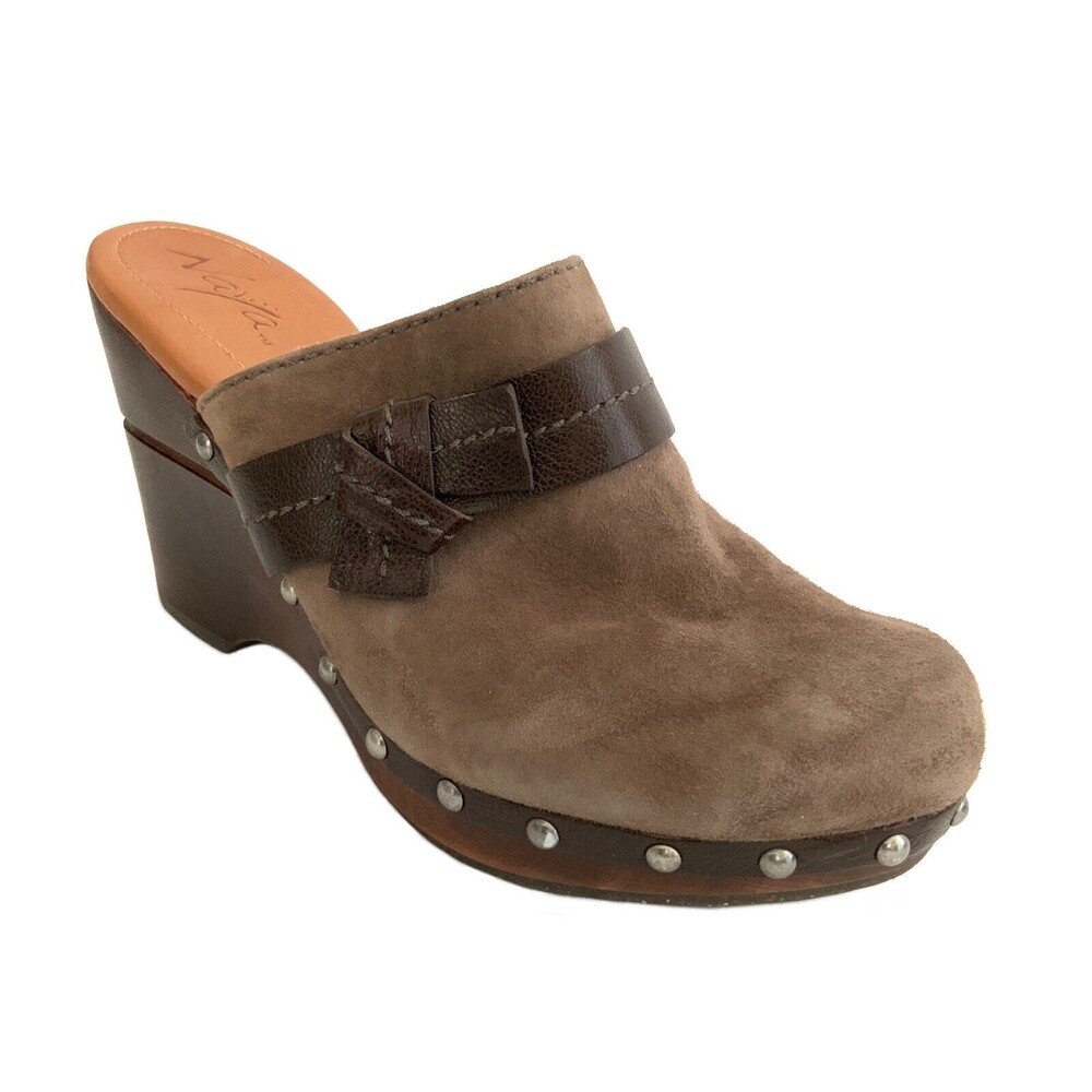 Naya Irina Studded Slip-on Mule Wide Width Wood Heel Clog Brown 9W